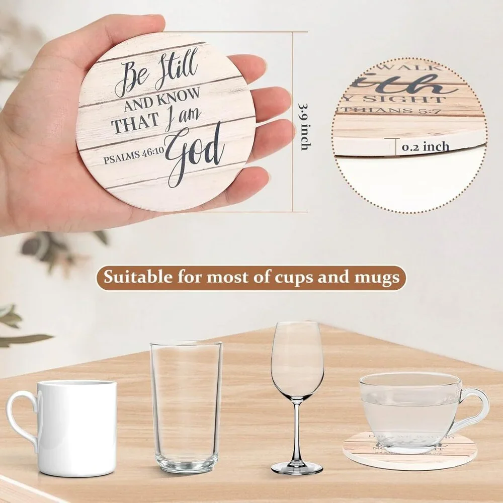 Ceramic Coasters with Bible Verses, Christian Coasters Set of 8 with Holder, Abs